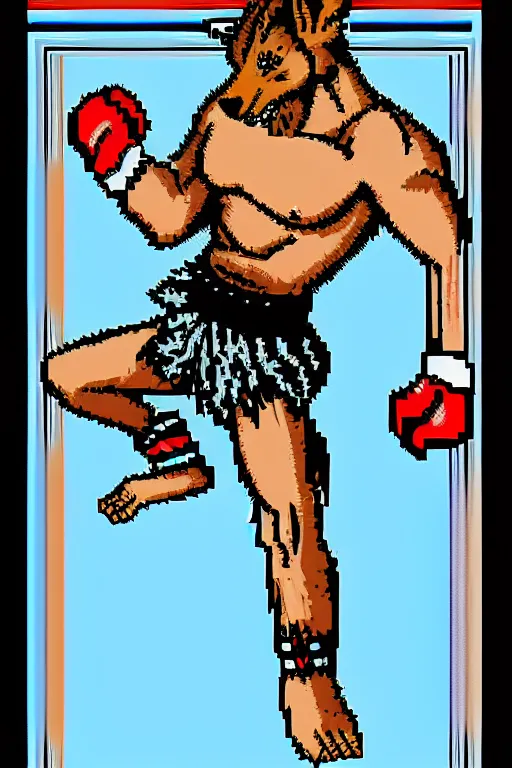 Image similar to extreme long shot. 8 bit nes graphics. hermann nitschantropomorphic muscular masculine wolf. kickboxer fighter, in shorts. wolf head. art from nes game cartridge,