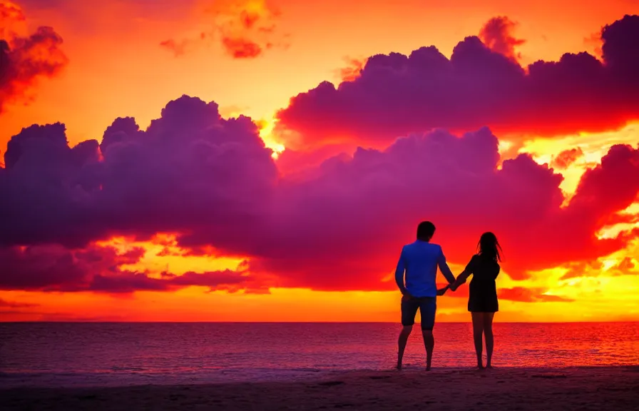 Image similar to 8 k uhd wonderful colorful sunset on a seashore with a cloud in the shape of a couple holding hands, professional photography,