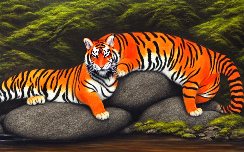 Image similar to a red tiger sitting on a large rock within a woodland creek, highly detailed, trending on pixiv, realistic oil paint artwork made in 2 0 2 0.