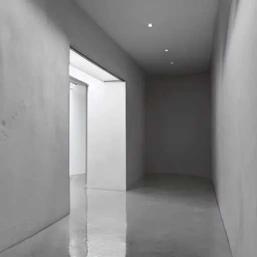 Prompt: underground liminal space, stucco walls, shiny floors, minimalist, stunning, light and shadows, catwalks