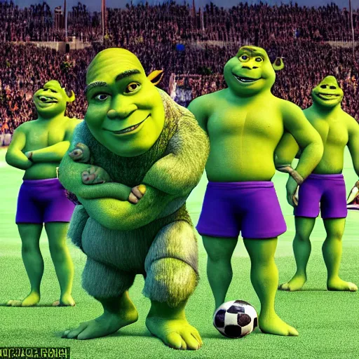 Prompt: shrek!! imposing stature in the center of a football match