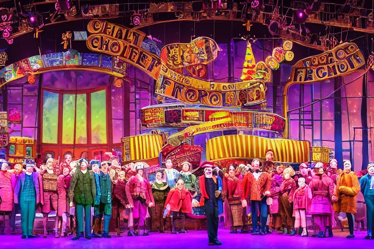 Prompt: photo of a huge theaterstage, play is charlie and the chocolate factory, 3 actors on stage, 8 k, multicolored, exaggerated detailed, long shot