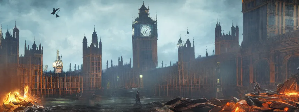 Image similar to large sinkhole in the middle of london westminster, big ben, with ancient glowing spiked wyvern flying creatures emerging from the hole, in the style of monster hunter world, like concept art on artstation, hyperdetailed, vray render, octane render,