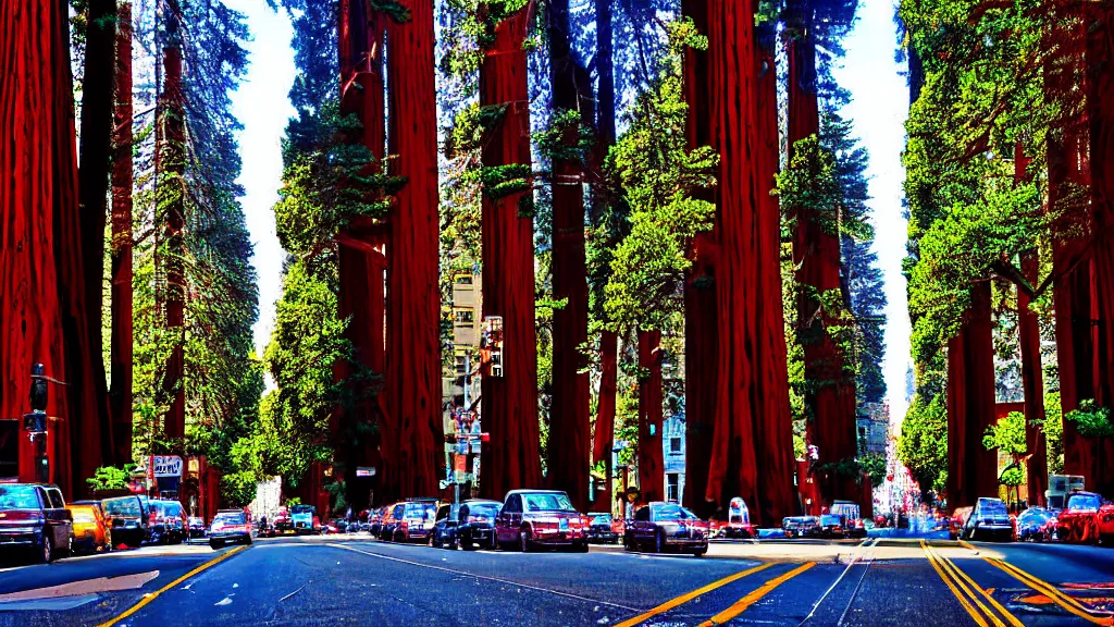 Image similar to Market Street San Francisco lined with Redwood Trees; City in Harmony with Nature; Location: San Francisco, California; retro-natural-futurism; Trees photographed by Neil Burnell