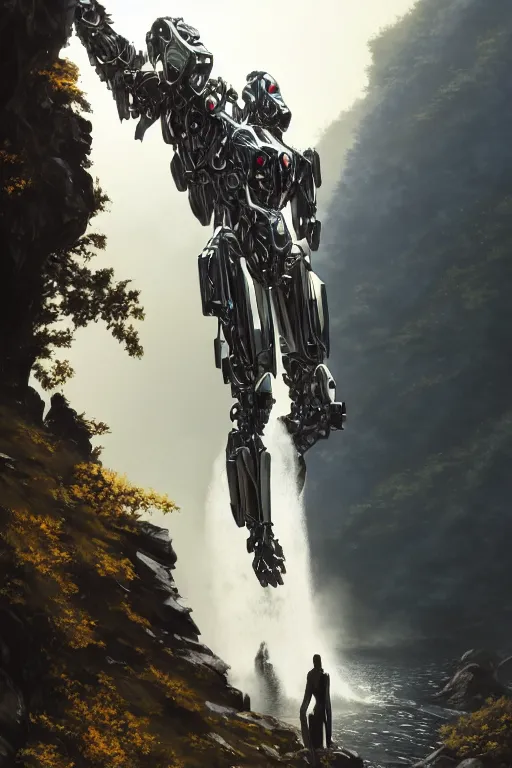 Prompt: detailed intricate digital illustration by greg rutkowski and artgerm and wlop and sanford robinson gifford ; sleek, chrome mech suit, standing with glimmering foggy waterfall in the background ; 1 3 mm film, arri alfa anamorphic lens ; sharp focus, golden hour lighting, mist ; trending on artstation 4 k ; close view