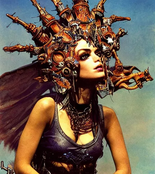 Prompt: empress of the wasteland, scrap metal headdress, beautiful! coherent! by brian froud, by frank frazetta