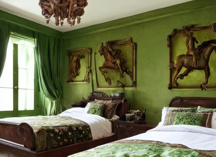 Prompt: bedroom with horse statues green and brown trim