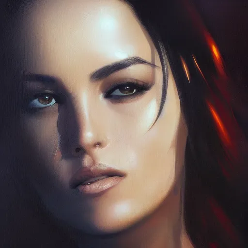 Image similar to a closeup portrait of a young monica belucci, dramatic light, city background, sunset, high contrast, sharp, painted by stanley lau, painted by greg rutkowski, painted by stanley artgerm, digital art, trending on artstation