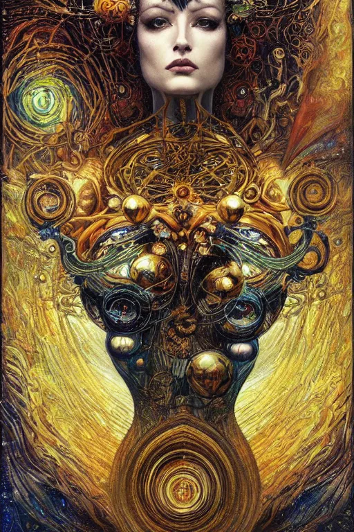 Prompt: Divine Chaos Engine by Karol Bak, Jean Deville, Gustav Klimt, and Vincent Van Gogh, beautiful visionary mystical portrait, sacred, otherworldly, fractal structures, Surreality, ornate gilded medieval icon, third eye, spirals