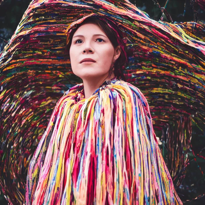 Image similar to a closeup portrait of a woman wearing a cloak made of ribbons, staring at an empty swing playground, claymation, canon eos c 3 0 0, ƒ 1. 8, 3 5 mm, 8 k, medium - format print