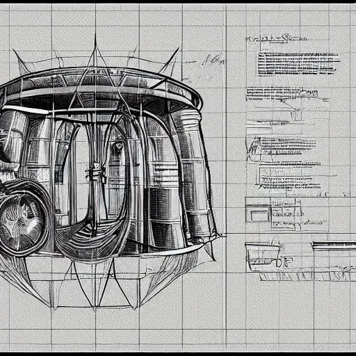 Image similar to hyper realistic sketch of time travel machine blueprints, highly detailed