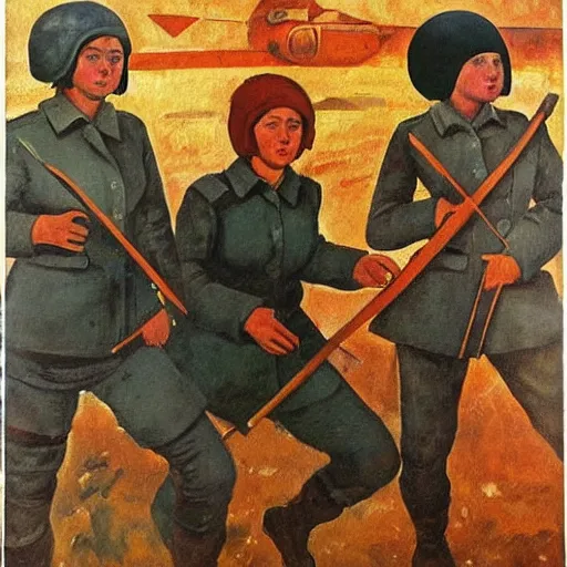 Image similar to soviet painting of female soviet partisan by isaak brodsky, walter womacka, czeslaw znamierowski, vladimir pchelin, kuzma petrov - vodkin, igor berezovsky