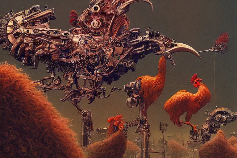 Image similar to digital painting of an ominous mechanical rooster, by wayne barlowe and bob pepper, highly detailed, intricate, dieselpunk, retrofuturism