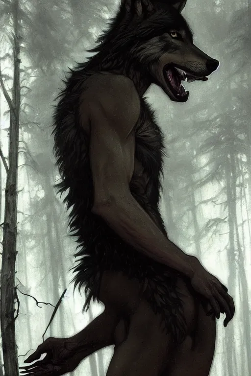 Prompt: full figure beautiful young fit antrophomorphic male wolf, bared teeth and long claws, dark scene, by greg rutkowski and alphonse mucha, d & d character, gradient black to silver, in a forest at night, highly detailed portrait, digital painting, artstation, concept art, smooth, sharp focus illustration, artstation hq