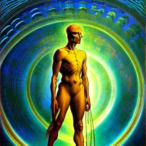 Image similar to realistic extremely detailed portrait painting of a glowing male silhouette, futuristic sci-fi landscape on background by Jean Delville, Amano, Yves Tanguy, Alphonse Mucha, Ernst Haeckel, Edward Robert Hughes, Roger Dean, rich moody colours, blue eyes