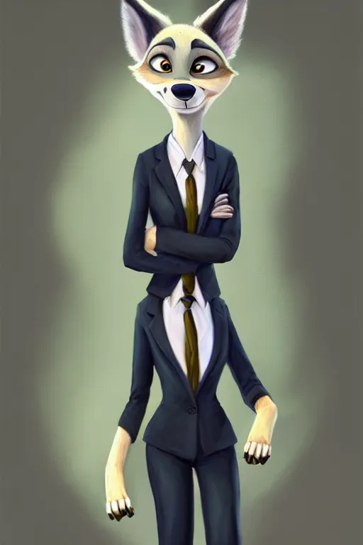 Image similar to oil painting of anthromorphic female wolf, in style of zootopia, female fursona, furry, furaffinity, 4 k, deviantart, furry art, fursona art, wearing black business suit, business suit, wolf fursona, female, smug expression,