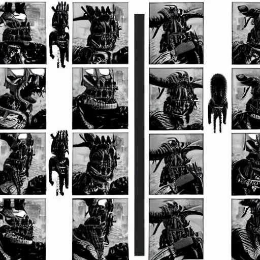 Image similar to xenomorph. film strip. 9 frames.