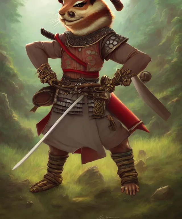 Image similar to anthropomorphic chipmunk samurai, samurai outfit, standing in a beautiful landscape, cute and adorable, dnd character art portrait, matte fantasy painting, deviantart artstation, by jason felix by steve argyle by tyler jacobson by peter mohrbacher, cinematic lighting