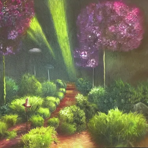 Prompt: a moody painting of a beautiful garden full of souls