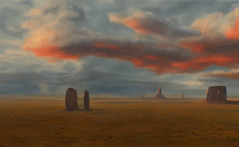 Image similar to hyperrealist painting of an giant cube from independence day ( 1 9 9 6 ) in monument valley stonehenge. 1 9 7 0 s science fiction, moody, misty, depth perception, 4 k, artstation, in the style of studio ghibli