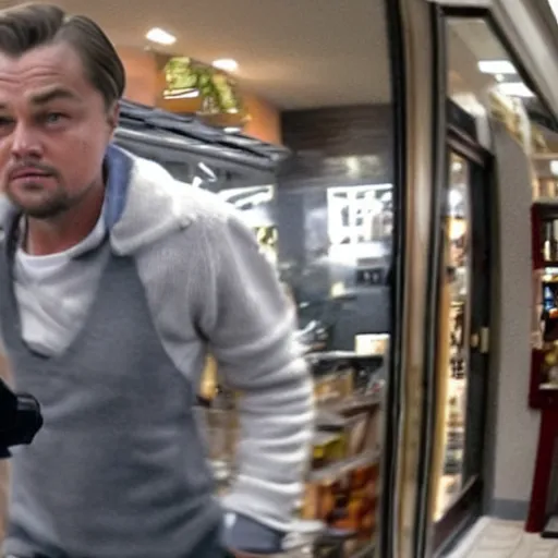Prompt: paparazzi photo of Leonardo DiCaprio robbing a small business, wide angle, fisheye, uhd, 8k, award winning,