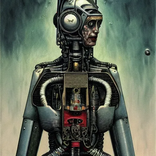 Prompt: futurist cyborg cult priest, perfect future, award winning art by santiago caruso, iridescent color palette