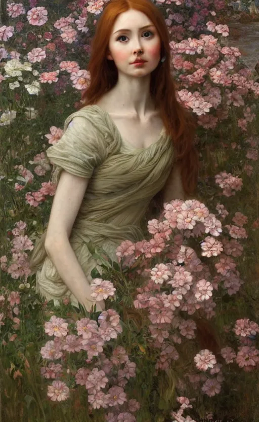 Image similar to a realistic oil painting of a girl resembling karen gillan, covered in flowers, highly detailed, intricate, detailed background, artstation, by mucha, by william adolphe bouguereau, by waterhouse