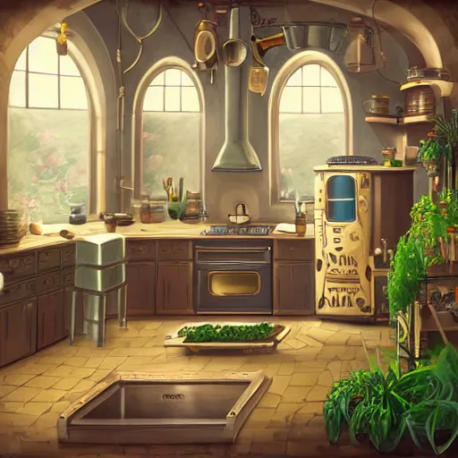 Prompt: steampunk kitchen in the warm morning light, lush plants, toaster, kettle, fridge, oven, sink, machines, beautifully lit, painting, high resolution, trending on artstation