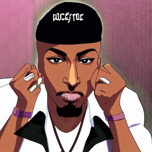 Image similar to Tupac Shakur, screenshot from a 2012s anime