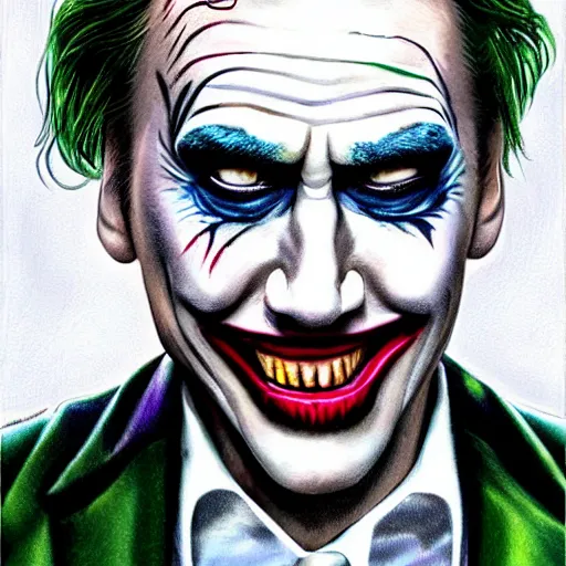 Image similar to nic cage as the joker, buff, painted portrait, highly detailed,