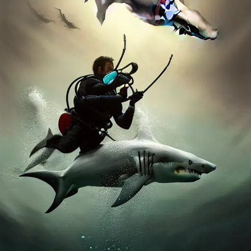 Prompt: a dream fantasy painting of ( white shark with blood teeth ) hunting a scuba diver, in the deep, trending on artstation, deviantart, matte painting by greg rutkowski, holly bruce, jon kuo