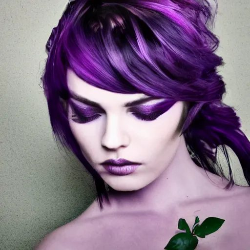 Prompt: a high quality photo of a beautiful woman moody and melanchony with accents of purple and green.