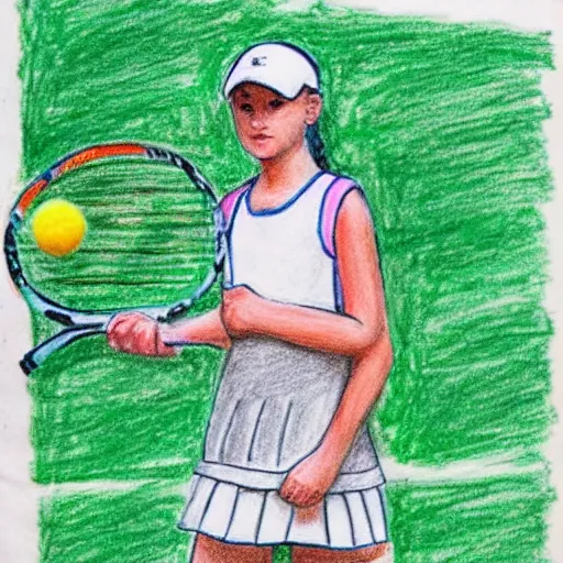 Prompt: elementary schooler drawing of Dakota Fanning playing tennis