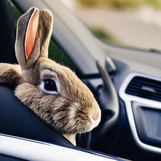 Image similar to a cute bunny driving a convertible, studio photo, high quality