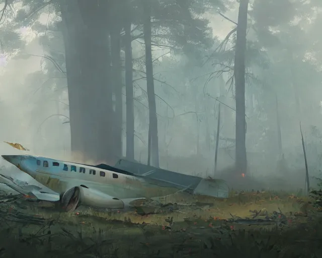 Image similar to a crashed airplane in a forest, smoke, smog, cloudy air, and fire. Forest swamp. Atmospheric lighting By Makoto Shinkai, Stanley Artgerm Lau, WLOP, Rossdraws, James Jean, Andrei Riabovitchev, Marc Simonetti, krenz cushart, Sakimichan, trending on ArtStation, digital art.