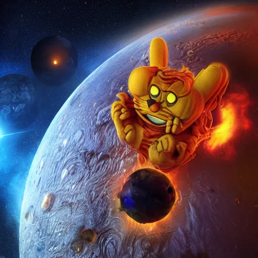 Image similar to one scary garfield in space, galaxy, hd, 8 k, explosions, gunfire, lasers, giant, epic, realistic photo, unreal engine, stars, prophecy, powerful, cinematic lighting, destroyed planet, debris, movie poster, violent, sinister, ray tracing, dynamic, print, epic composition, dark, lasagna, horrific