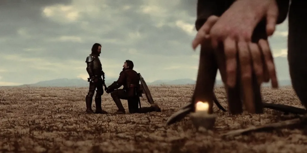 Prompt: film still of closeup a one knight stands on knee with a bloody heart in his outstretched hand by emmanuel lubezki