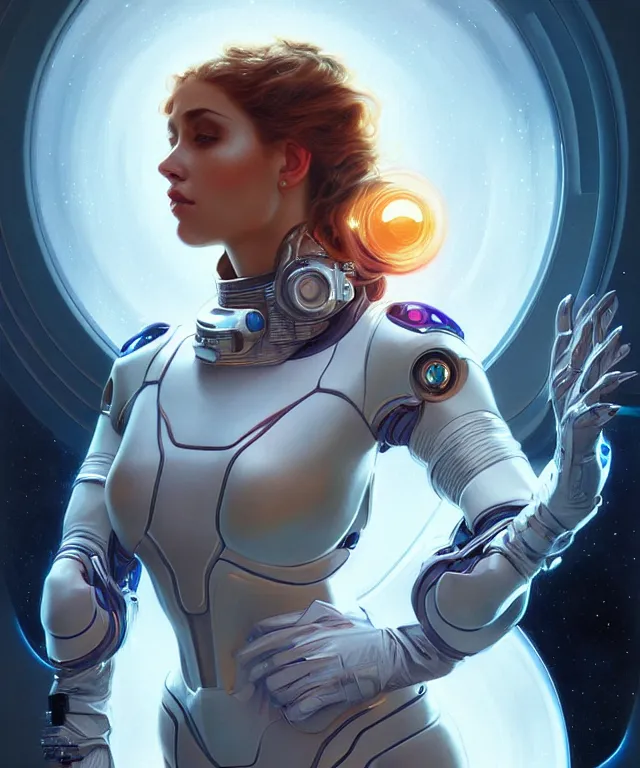 Image similar to futuristic spacesuit woman big breast portrait, sci-fi, amber eyes, face, long hair, fantasy, intricate, elegant, highly detailed, digital painting, artstation, concept art, smooth, sharp focus, illustration, art by artgerm and greg rutkowski and alphonse mucha