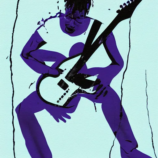 Image similar to dripping purple faded paint across the shape of a male human playing guitar, realistic, high detail, on a white damage background