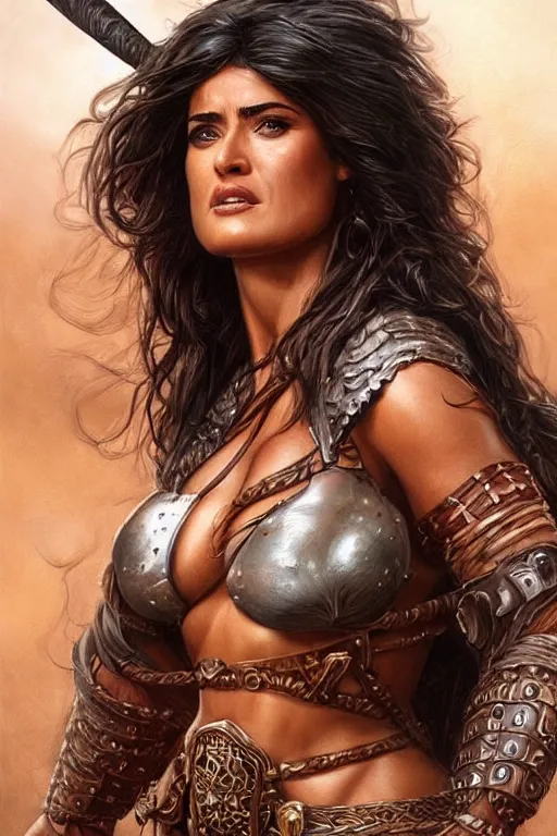 Image similar to muscled Salma Hayek as a ruggedly beautiful barbarian heroine, intricate, elegant, highly detailed, centered, digital painting, artstation, concept art, smooth, sharp focus, illustration, art by artgerm and donato giancola and Joseph Christian Leyendecker, Ross Tran, WLOP