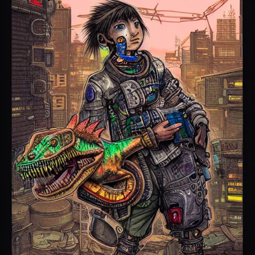 Image similar to intricate detailed color manga style illustration of a cyborg punk street kid with a pet dinosaur, cyberpunk