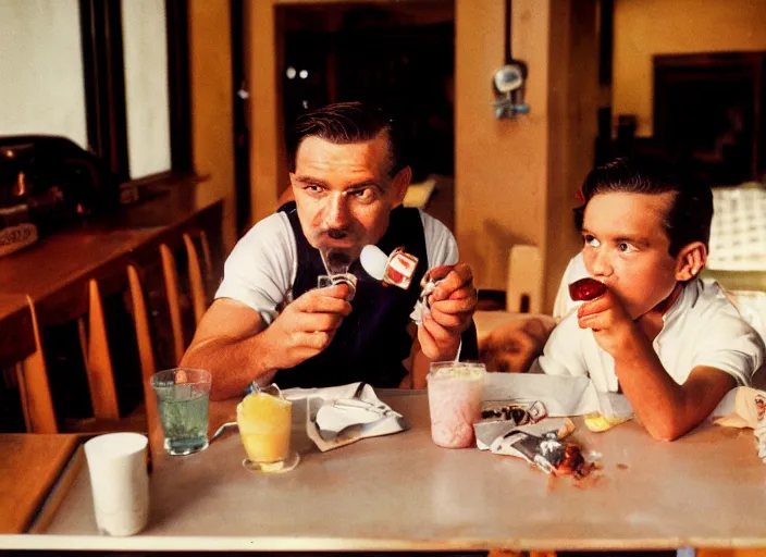 Image similar to a 35mm photograph from the 1930's of two mean looking gangsters sharing a milkshake with two straws, bokeh, Canon 50mm, cinematic lighting, photography, retro, film, Kodachrome, closeup