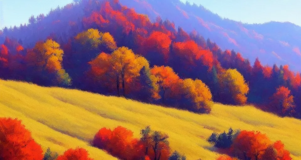 Prompt: (((((a gorgeous hillside in the autumn, trees, mountains))))) by Sylvain Sarrailh!!!!!!!!!!!!!!!!!!!!!!!!!!!