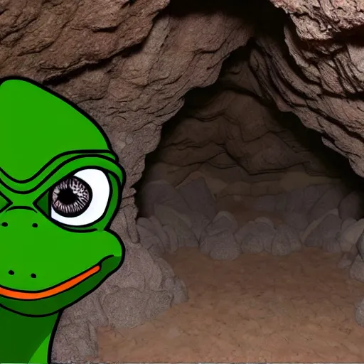 Prompt: dinosaur pepe in a cave