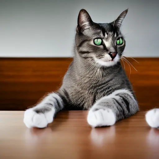 Prompt: Cat with smug and in a Business Suit with his paws on the table is discussing about politics, 40nm lens, shallow depth of field, split lighting, 4k,