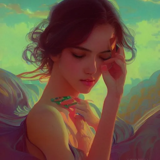 Image similar to beautiful, young woman, sad eyes, tears running down, vaporwave aesthetic, synthwave, colorful, psychedelic, digital painting, artstation, concept art, smooth, sharp focus, illustration, art by artgerm and greg rutkowski and alphonse mucha