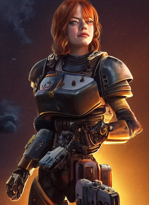 Prompt: emma stone as a space marine, apocalypse, naturel, hyper detailed, digital art, trending in artstation, cinematic lighting, studio quality, smooth render, unreal engine 5 rendered, octane rendered, art style by klimt and nixeu and ian sprigger and wlop and krenz cushart.