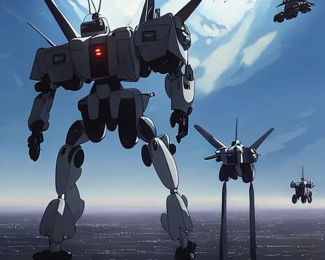 Image similar to Beautiful Epic scene of a beautiful gigantic Patlabor style mech being air lifted by futuristic helicopters above a futuristic Tokyo style military city, extreme detail, by Greg Rutkowski and Krenz Cushart and Pan_Ren_Wei and Hongkun_st and Bo Chen and Enze Fu and WLOP and Alex Chow, Madhouse Inc., anime style, crepuscular rays, set in rainy futuristic cyberpunk Tokyo street, dapped light, dark fantasy, cgsociety, trending on artstation