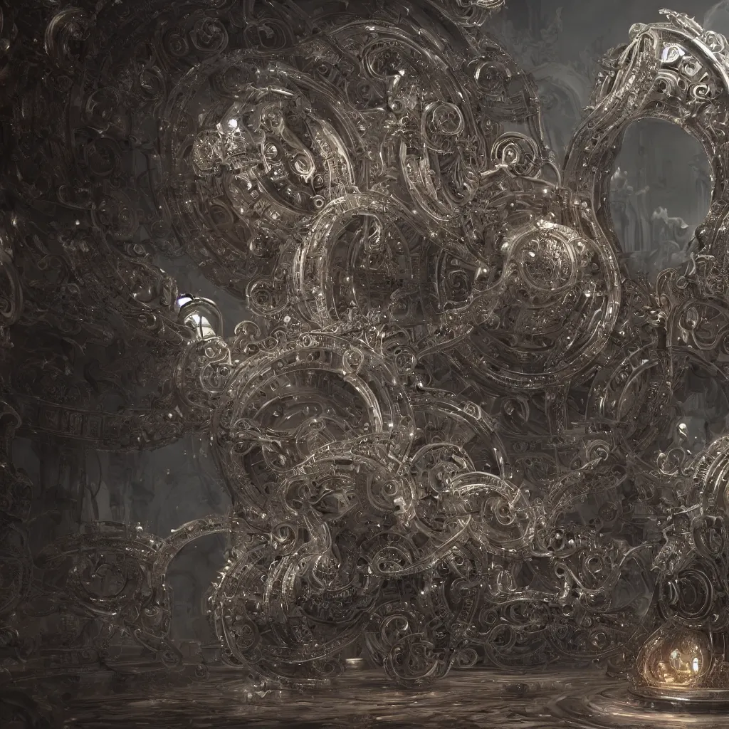 Prompt: time machine, silver mechanical fantasy, intricate, elegant, highly detailed, digital painting, concept art, smooth, sharp focus, illustration, divine realm of gods, realistic cinematic style, filmed in 70mm, volumetric lighting, octane render, photographic, concept art, artist Leonardo DaVinci, unreal engine 8k