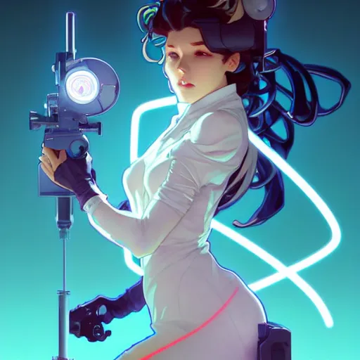 Prompt: a full body character design by artgerm, cushart krenz, ross tran, alphonse mucha. cute mad scientist girl!! shoulder mounted laser bazooka!! futuristic lab coat!! bold outline sharp edges. ultra clear detailed. 8 k. elegant, neon colors, dynamic angle, intricate complexity, epic composition, action pose, cinematic lighting masterpiece